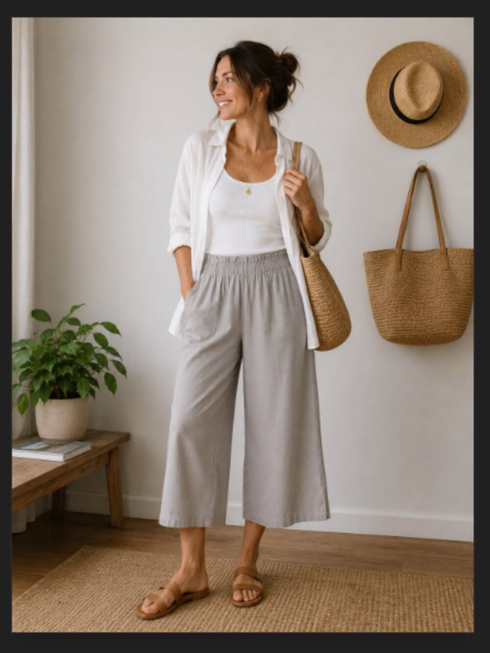 Linen Blend Wide Leg Cropped Pants Taupe Gray Beige Pull On Relaxed Flowy Small